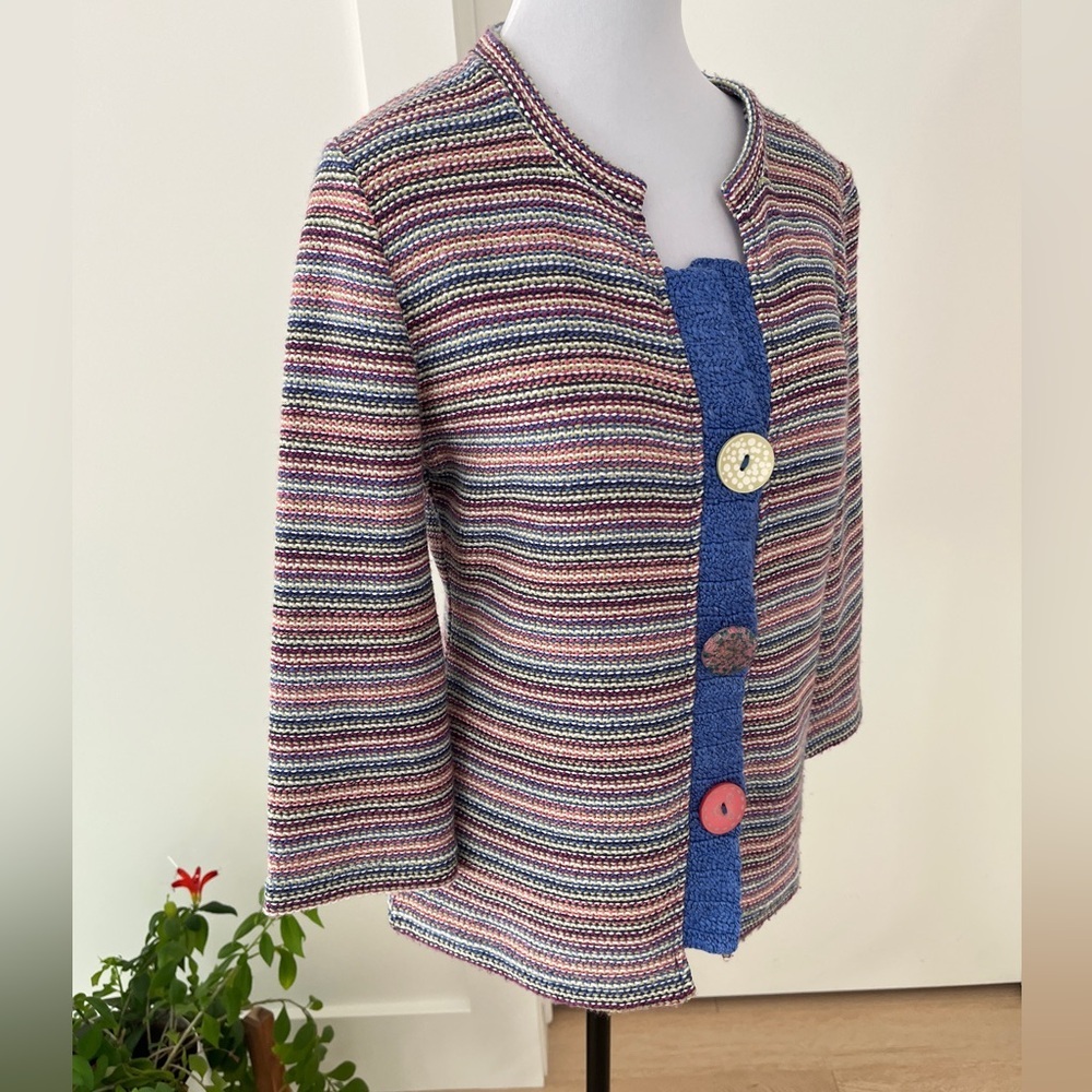 PER UNA Rainbow Striped Knit Short Cardigan Unique Buttons 3/4 Sleeve Artsy Chic